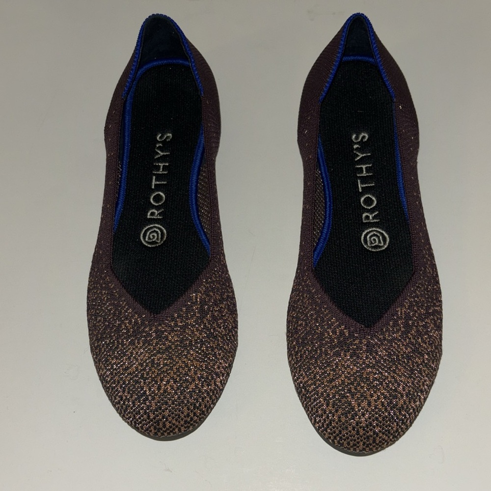 Rothy’s Eggplant Purple Rose Gold Metallic Flats, sz 7 EUC, Sparkles!!!